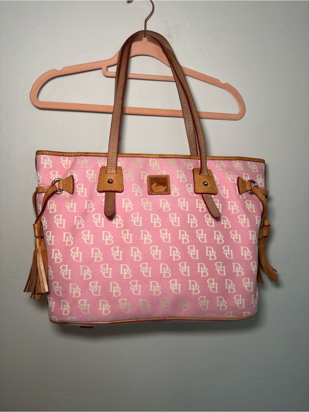 Dooney & Bourke Pink Monogram Tote with Tan Leather Trim and Tassels